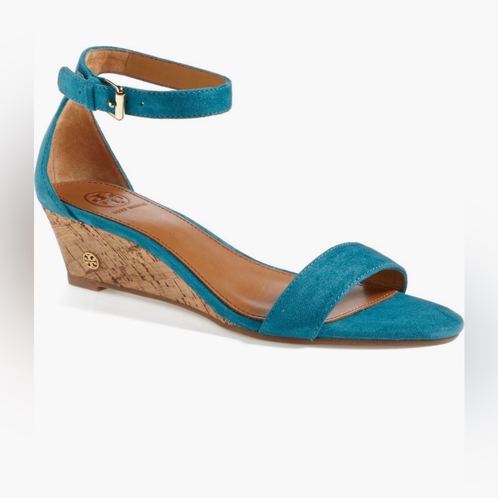 Tory Burch 'Savannah' Wedge Sandal Suede Cork Teal NWT, Box and dust bag 8